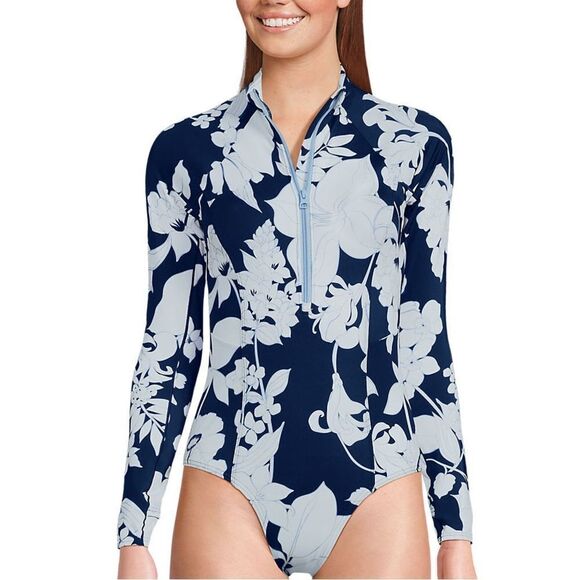 Land's End Plus Standard long sleeve zip one piece swim sea navy white Lily Var - Picture 3 of 5